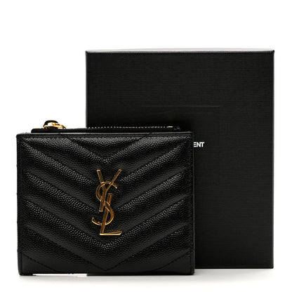 Saint Laurent Grain De Poudre Matelasse Chevron Monogram Zipped Card Case Black 7 of 7