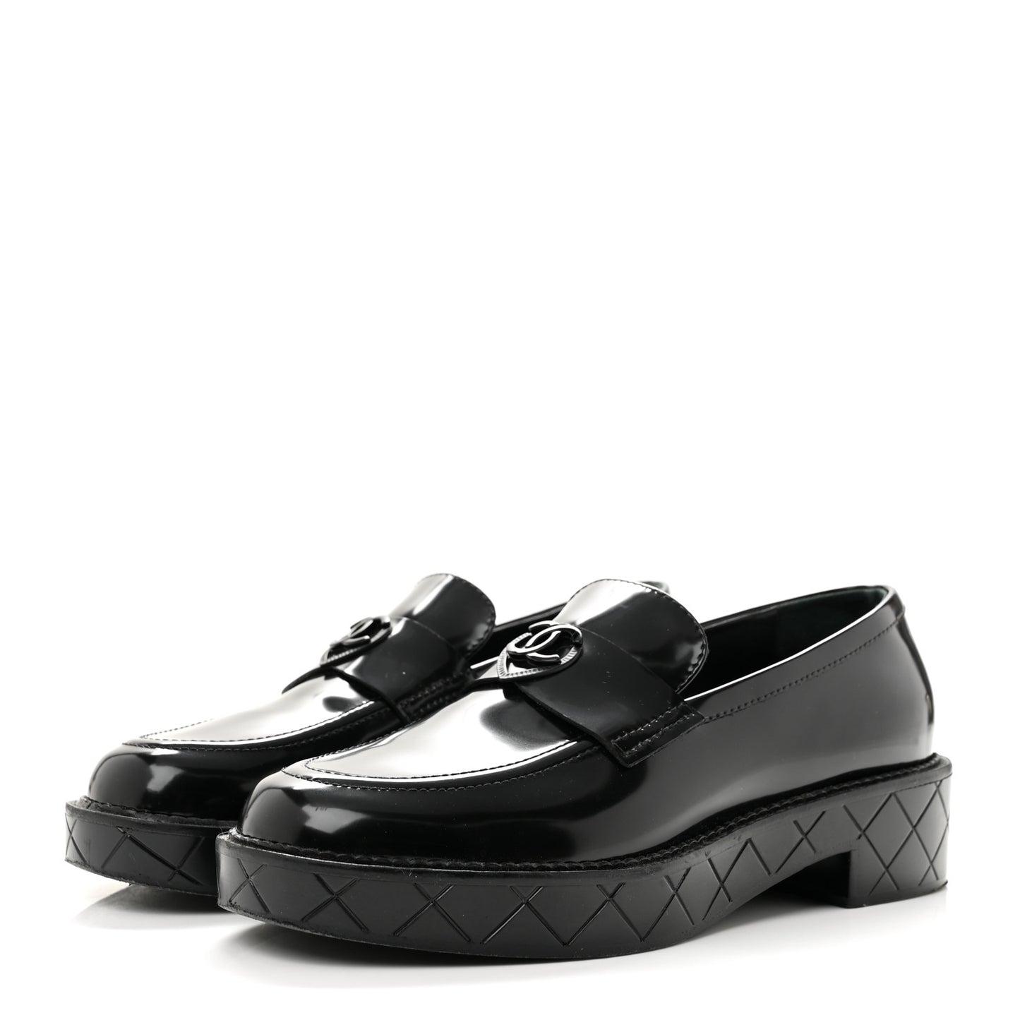 Shiny Calfskin Quilted CC Mocassin Loafers 39 Black