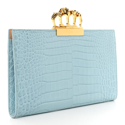 Alexander McQueen ALEXANDER MCQUEEN Calfskin Crocodile Embossed Knuckle Flat Clutch Light Blue 3 of 10