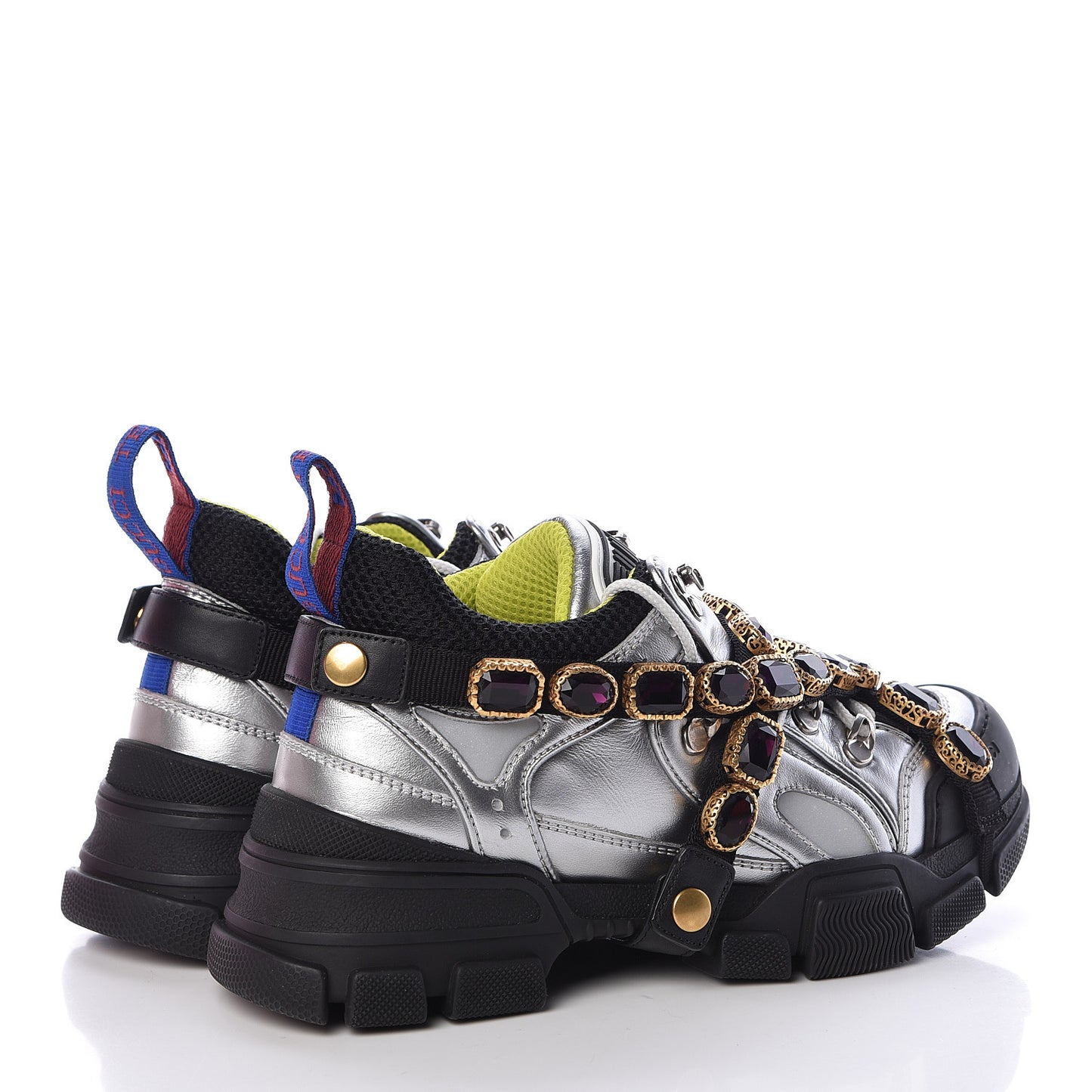 X SEGA Metallic Calfskin Mesh Removable Crystals Womens Flashtrek Sneakers 37.5 Silver Black