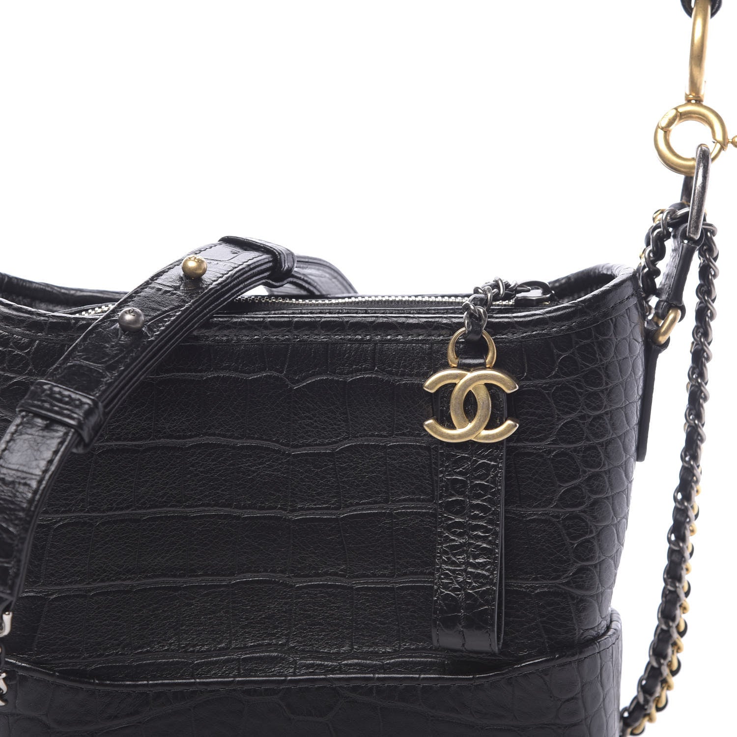 Chanel Calfskin Crocodile Embossed Small Gabrielle Cocodile Hobo Black 10 of 12