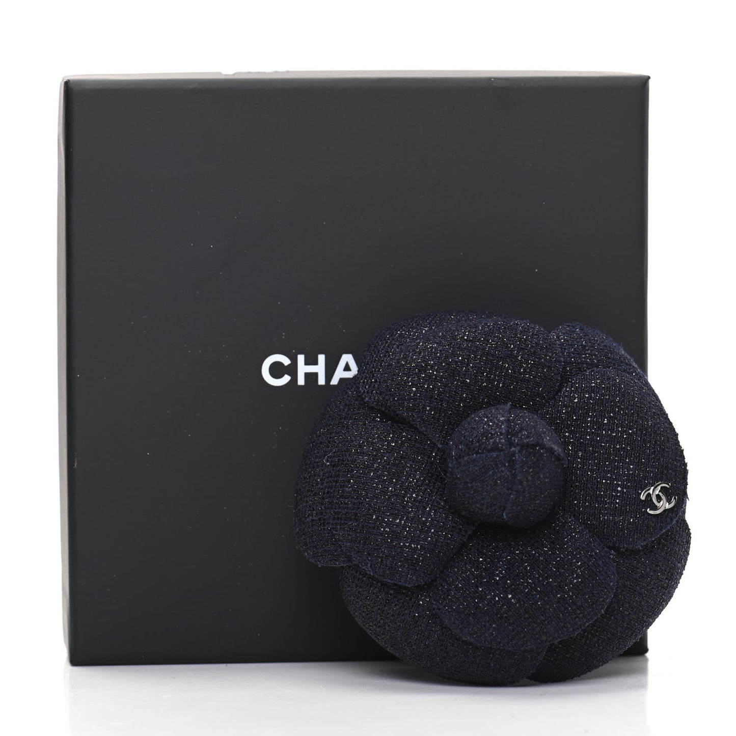 Tweed Camellia Pin Brooch Navy Blue