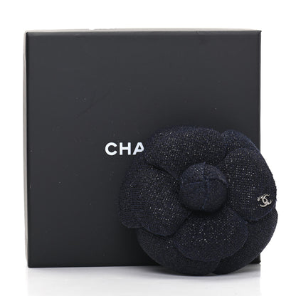 Chanel Tweed Camellia Pin Brooch Navy Blue 5 of 5