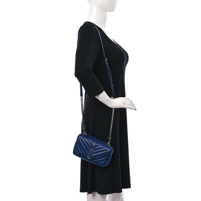 Saint Laurent Sheepskin Matelasse Chevron Monogram College Chain Wallet Medium Blue 2 of 11