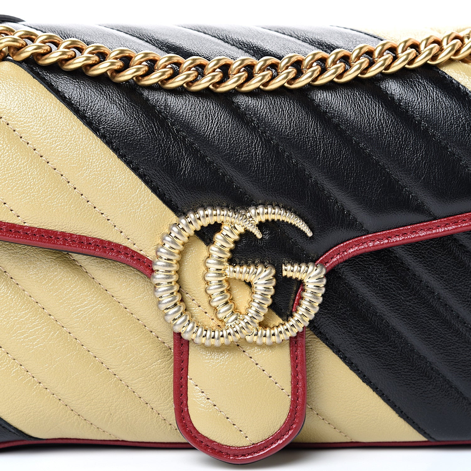 Gucci Vintage Effect Calfskin Matelasse Diagonal Striped Small Torchon GG Marmont Shoulder Bag Black Beige 7 of 9