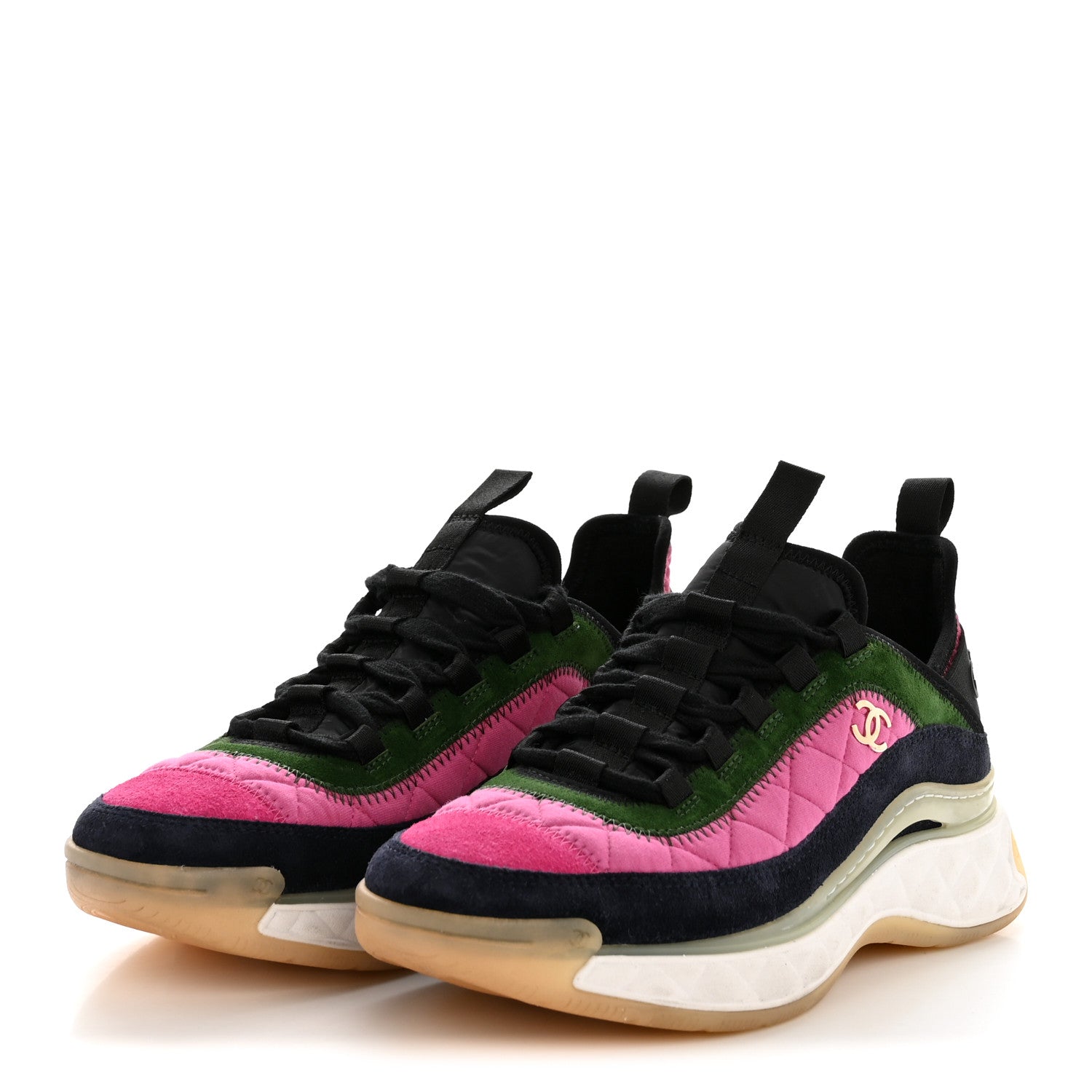 Chanel Velvet Calfskin Mixed Fibers CC Sneakers 39 Dark Pink Green 4 of 10
