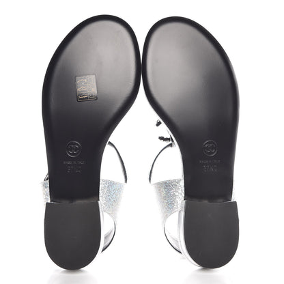 Chanel Fantasy Lambskin CC Chain Thong Sandals 37.5 Silver Black 5 of 9