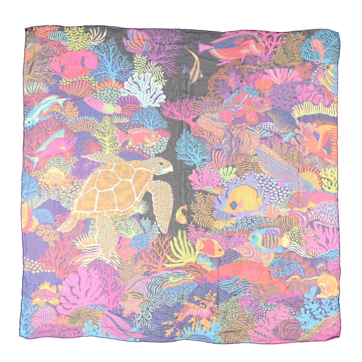 Silk Mousseline Under The Waves Shawl 140 Black Fuchsia Turquoise