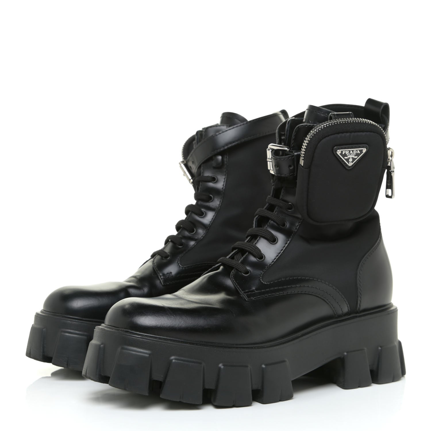Prada Spazzolato Rois Nylon Metal Triangle Logo Monolith Pouch Pocket 55mm Boots 39.5 Black 2 of 20