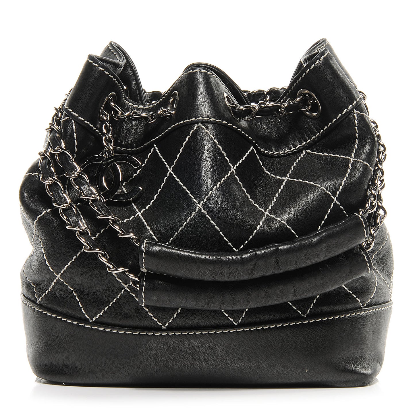 Lambskin Contrast Stitch Small Drawstring Tote Black