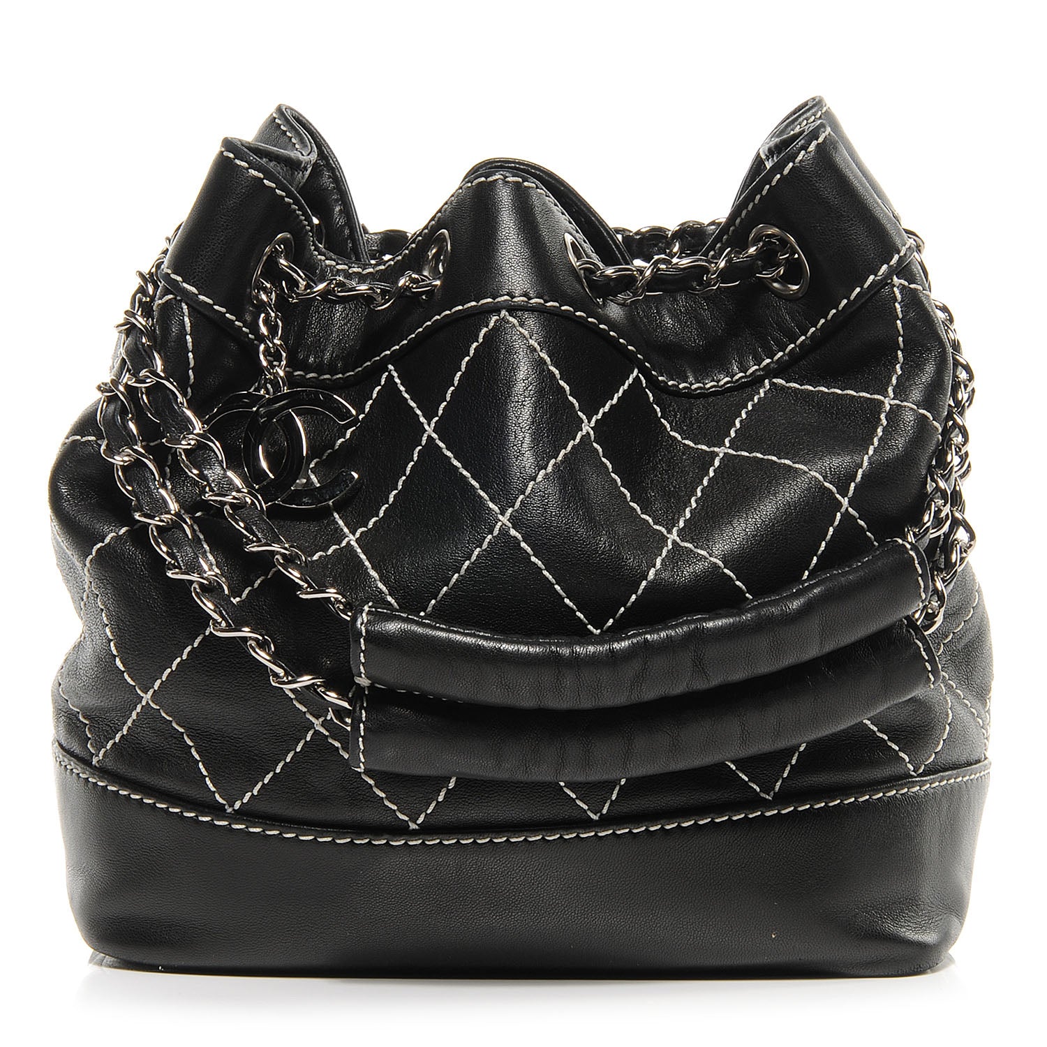 Chanel Lambskin Contrast Stitch Small Drawstring Tote Black 1 of 8