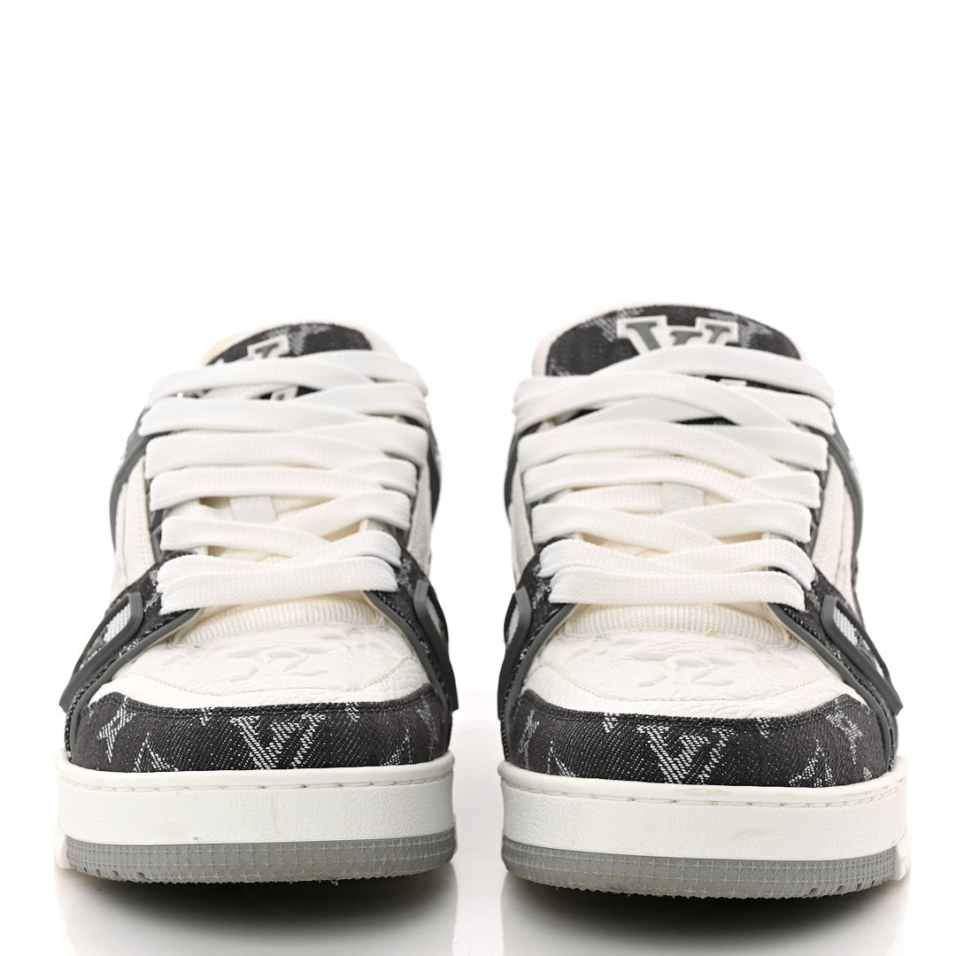 Louis Vuitton Calfskin Embossed Monogram Denim Mens LV Trainer Sneakers 5.5 Grey 4 of 14