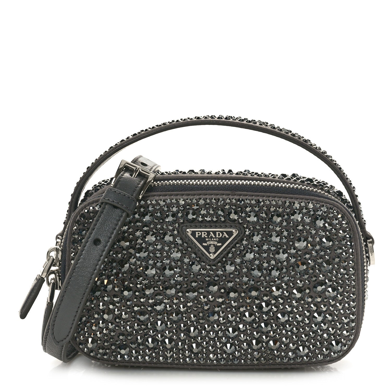 Prada Satin Crystal Metal Triangle Logo Odette Crossbody Fumo 1 of 9