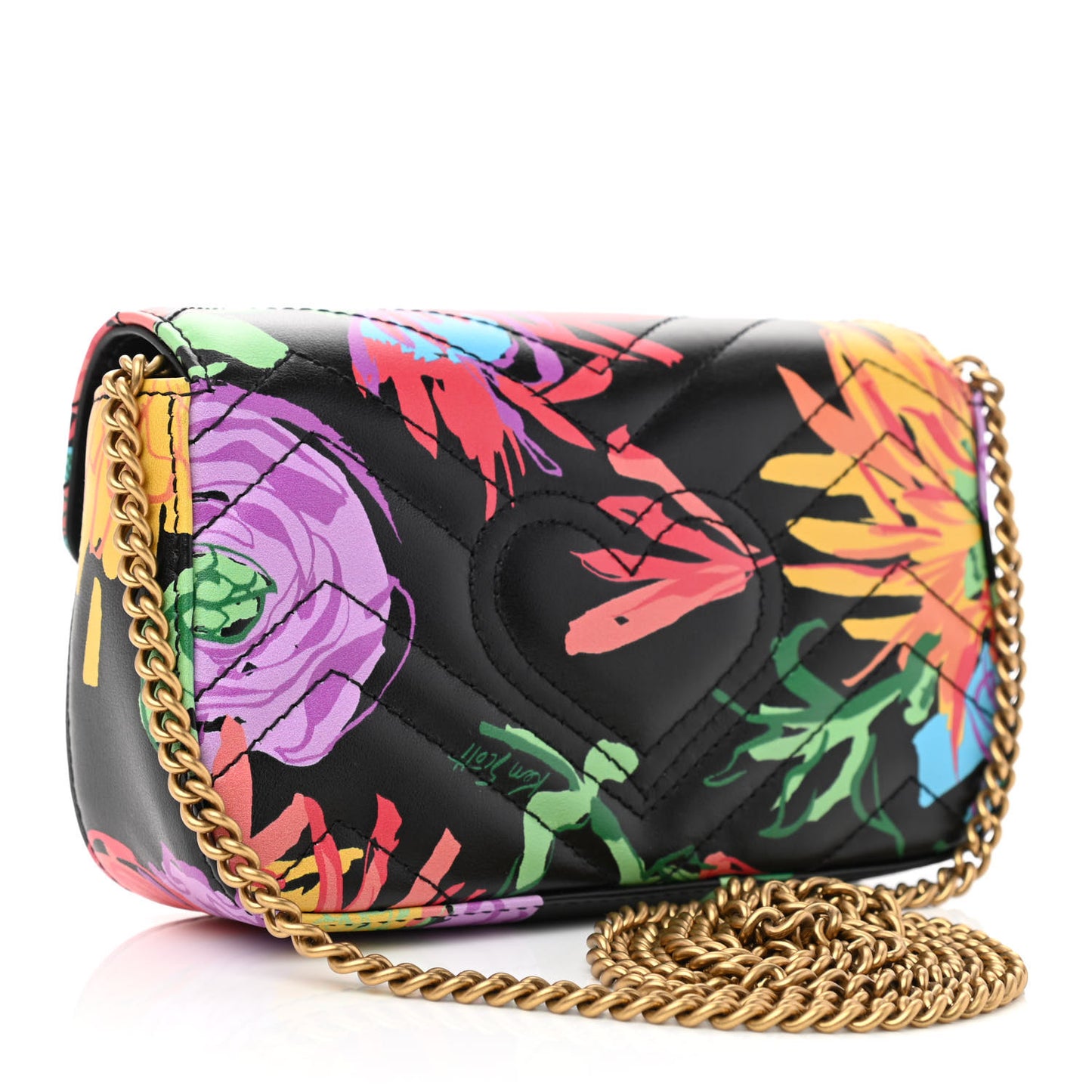 X KEN SCOTT Calfskin Matelasse Floral Print Super Mini GG Marmont Shoulder Bag Black