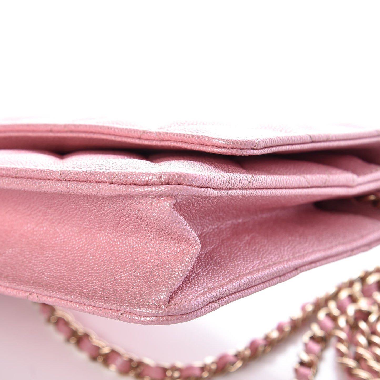 Iridescent Caviar Quilted Wallet on Chain WOC Rose Pink