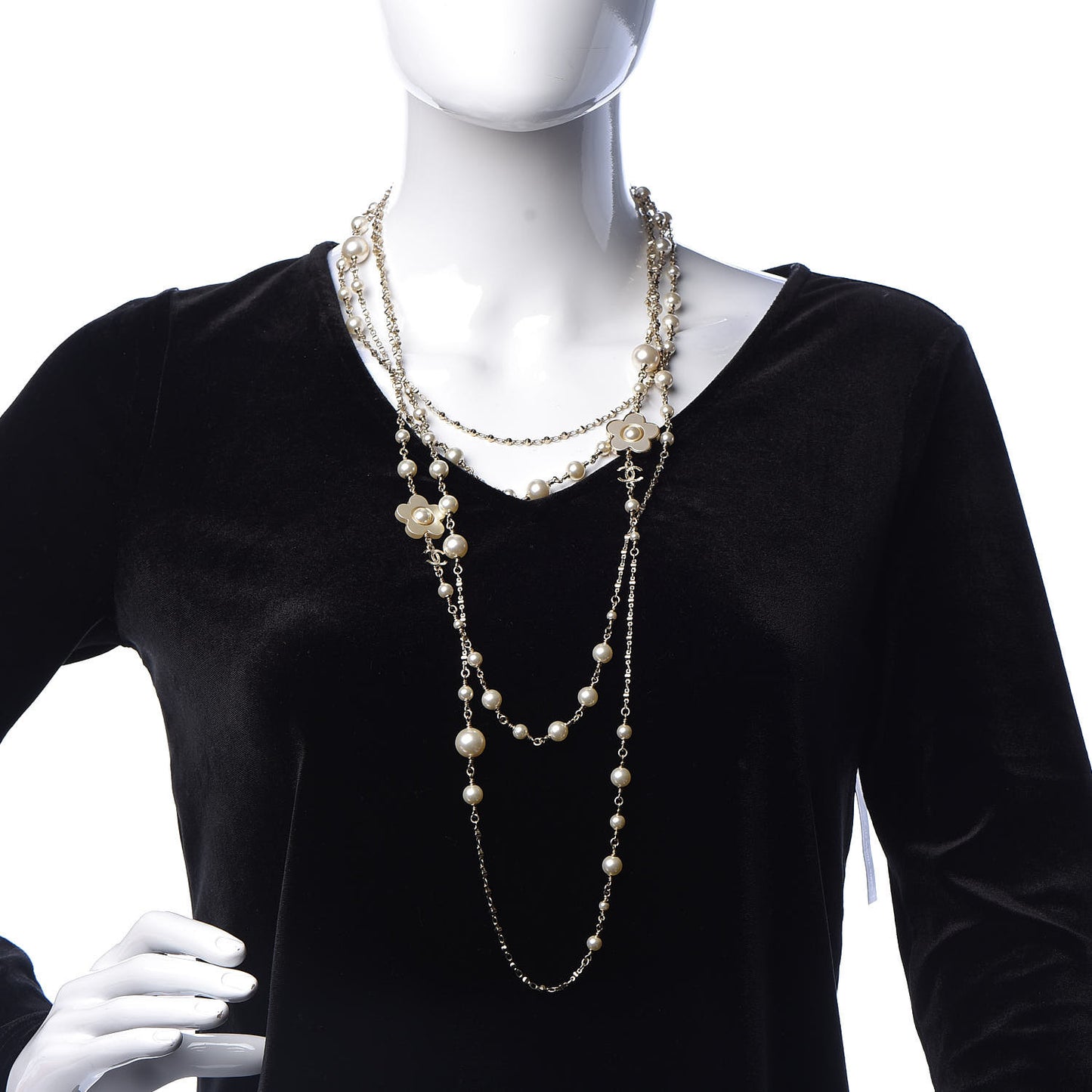 Pearl Flower CC Multi Strand Long Necklace Gold