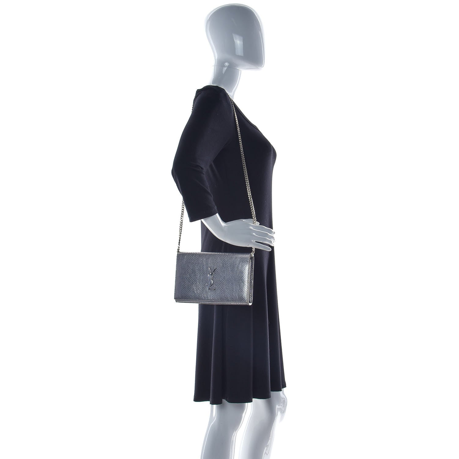 Saint Laurent Metallic Calfskin Python Embossed Monogram Chain Wallet Silver 2 of 17
