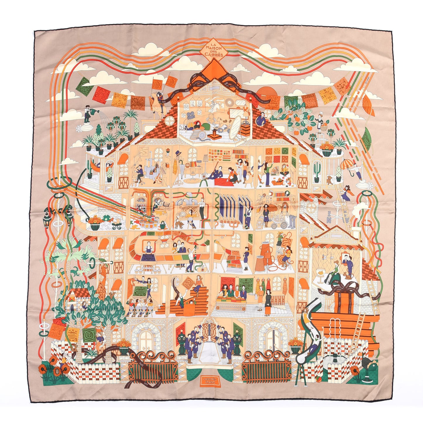 Silk La Maison Des Carres Scarf 90 Beige Orange Vert