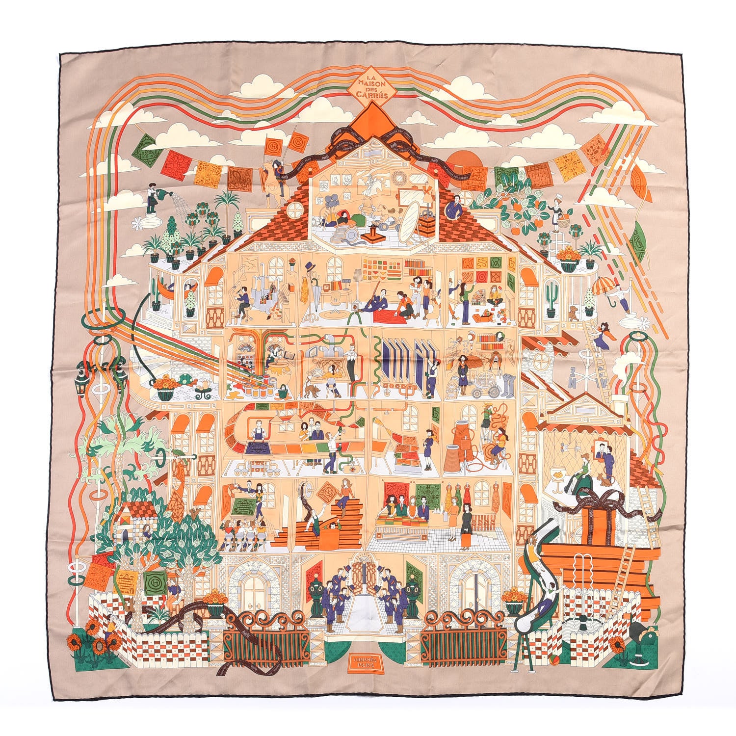 Hermes Silk La Maison Des Carres Scarf 90 Beige Orange Vert 1 of 4