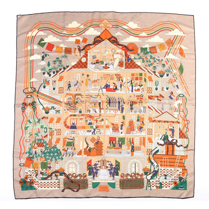 Hermes Silk La Maison Des Carres Scarf 90 Beige Orange Vert 1 of 4