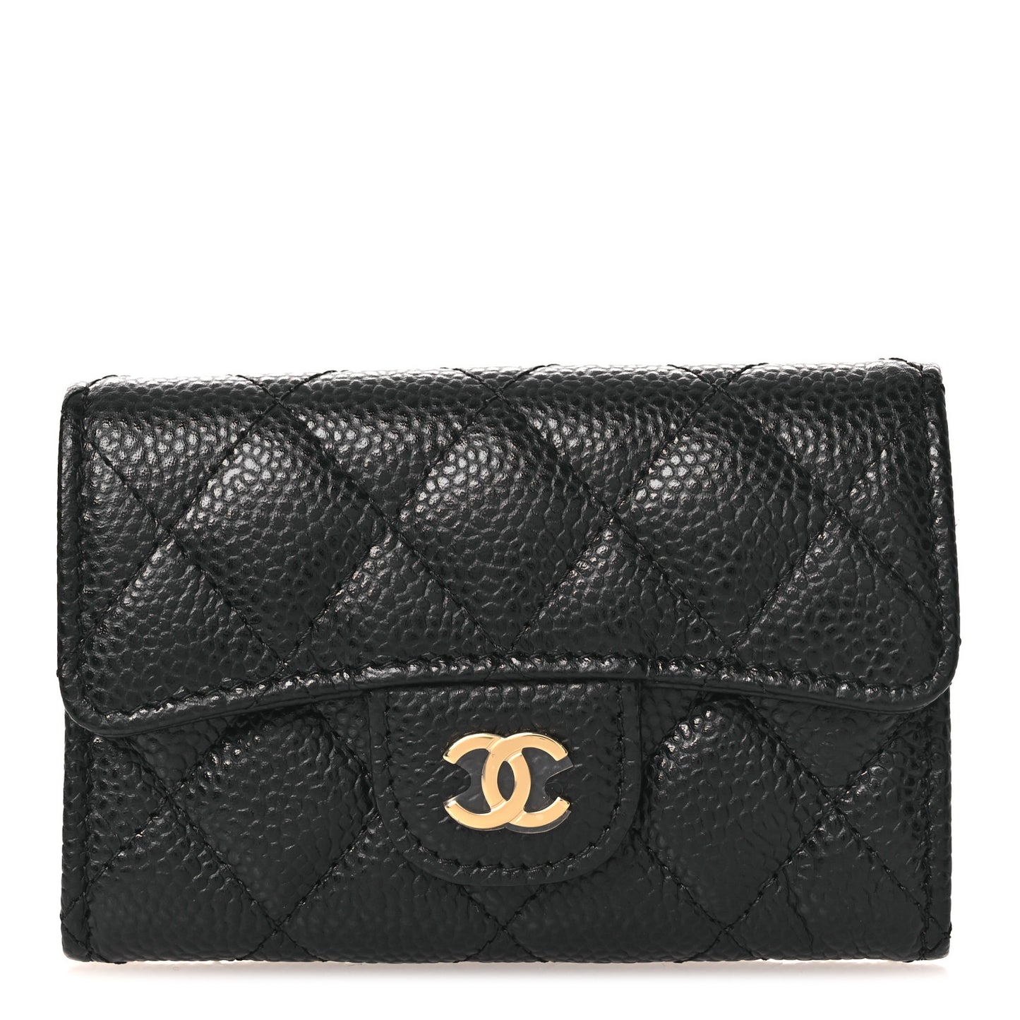 Caviar Quilted Flap Card Holder Wallet Black