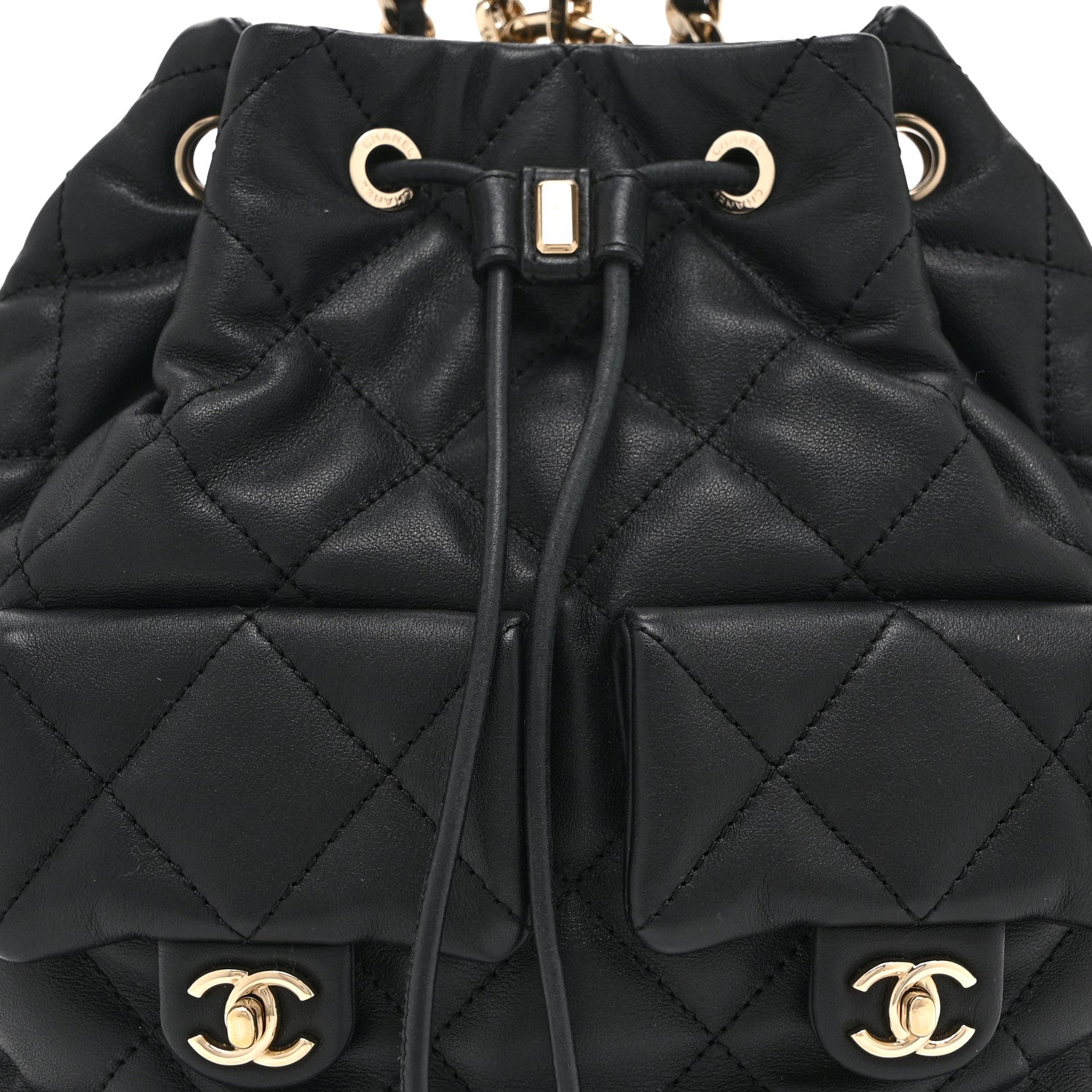 Chanel Lambskin Quilted Double Pocket Drawstring Backpack Black 8 of 10