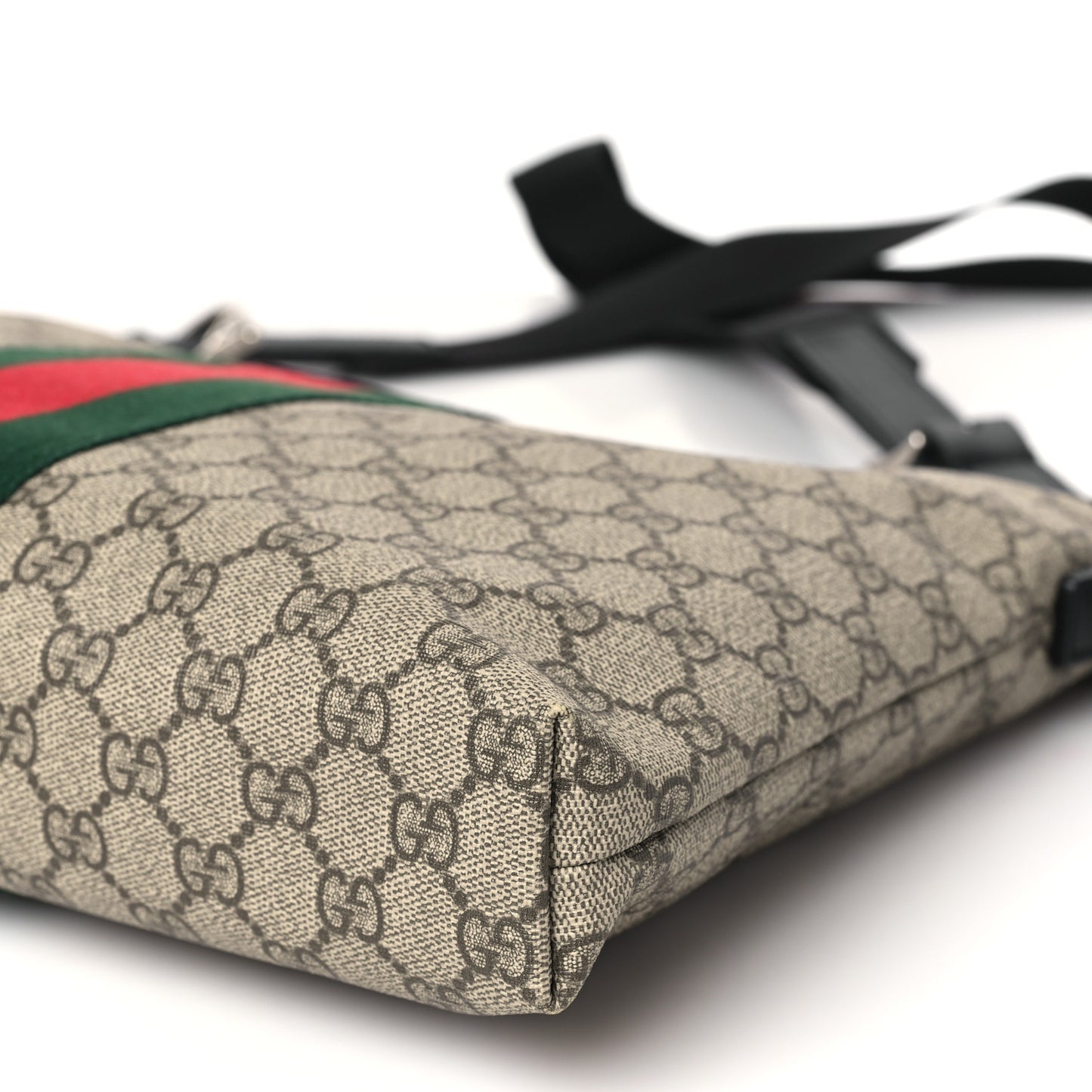 GG Supreme Monogram Calfskin Web Medium Flat Messenger Bag Beige Ebony Black
