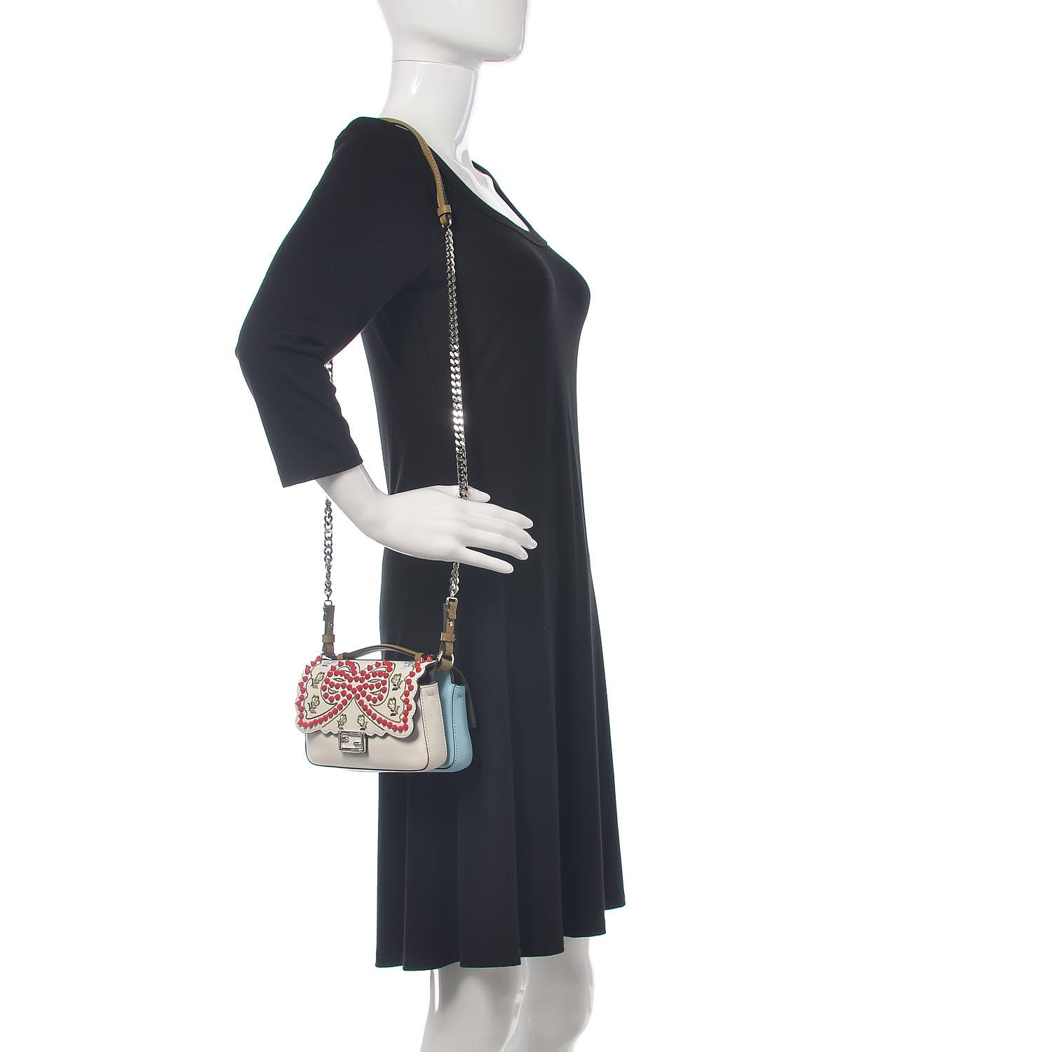 Fendi Vitello Dolce Flowers and Bows Bi-Color Scalloped Micro Double Baguette White Turchese Pallido Multicolor 2 of 15
