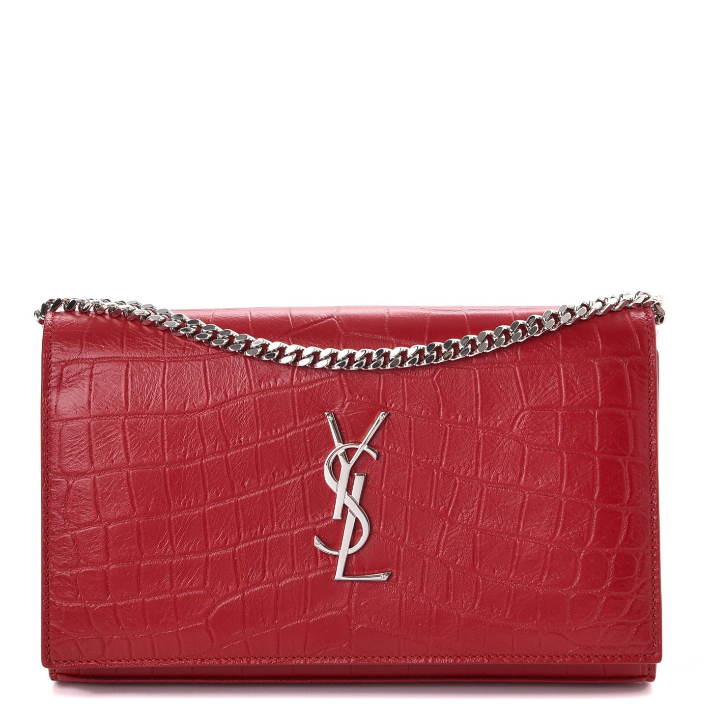 Calfskin Crocodile Embossed Monogram Chain Wallet New Red