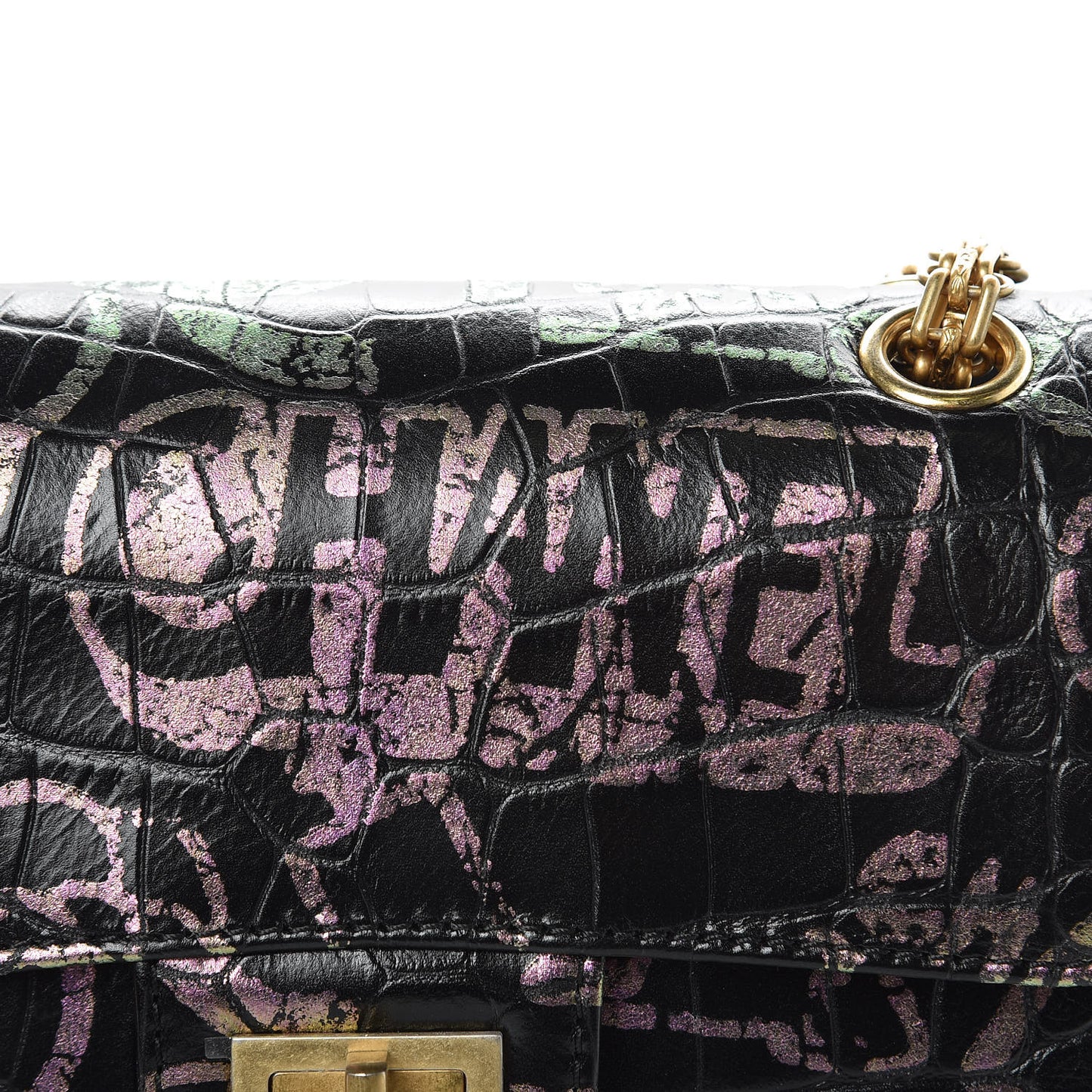 Calfskin Crocodile Embossed Graffiti 2.55 Mini Cocodile Reissue Flap Black Pink