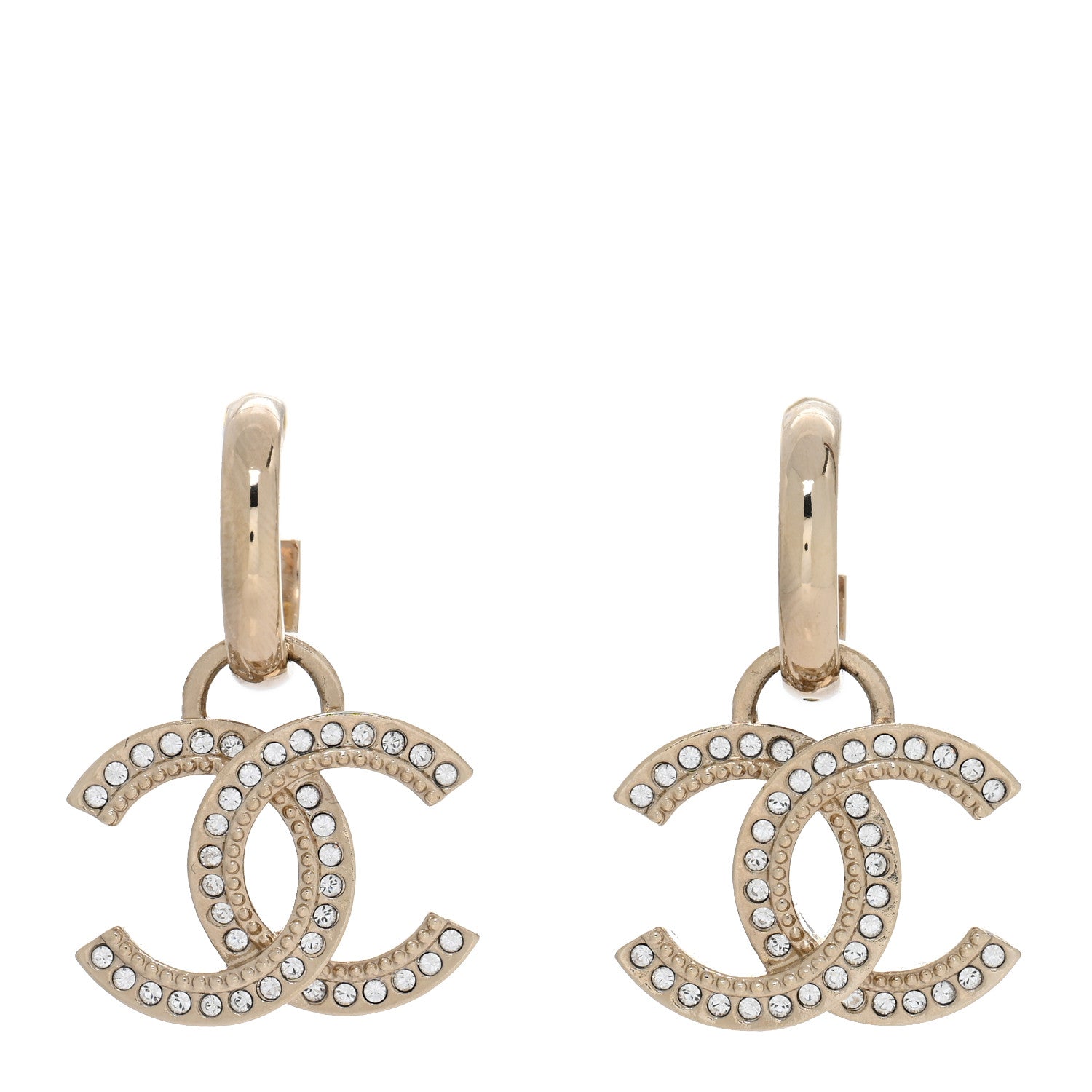 Chanel Metal Crystal Studded CC Hoop Drop Earrings Gold 1 of 4
