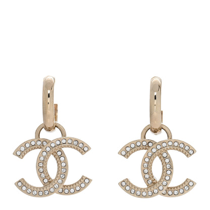 Chanel Metal Crystal Studded CC Hoop Drop Earrings Gold 1 of 4