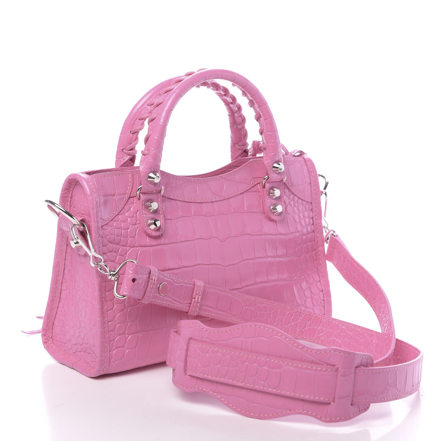 Balenciaga Shiny Supple Calfskin Crocodile Embossed Classic Silver Hardware Mini City Baby Pink 4 of 11