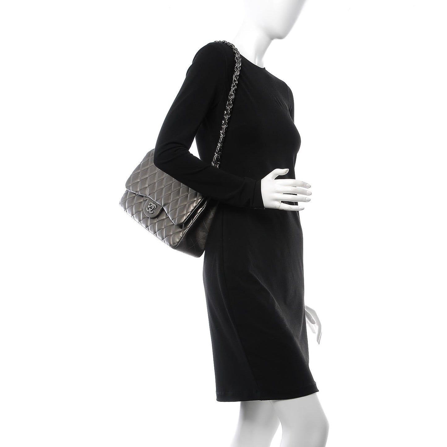 Metallic Lambskin Quilted Jumbo Double Flap Pewter