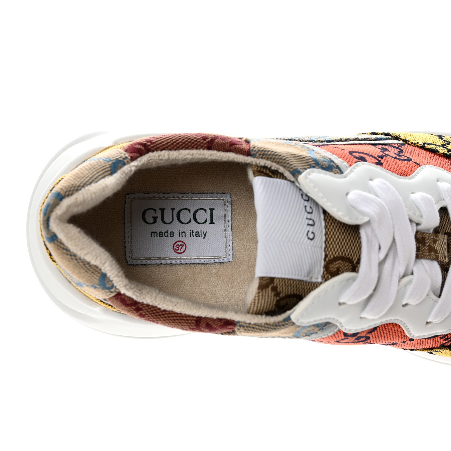 Gucci Monogram Multicolor Demetra Womens Rhyton Sneakers 37 Yellow Blue Great White Tabasco 7 of 9