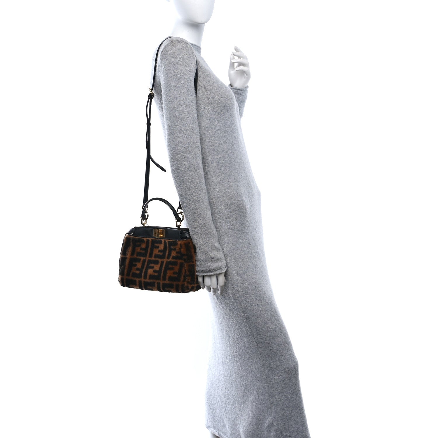 Fendi Shearling Nappa Macro FF 1974 Mini Peekaboo Iconic Satchel Tobacco Black 2 of 9