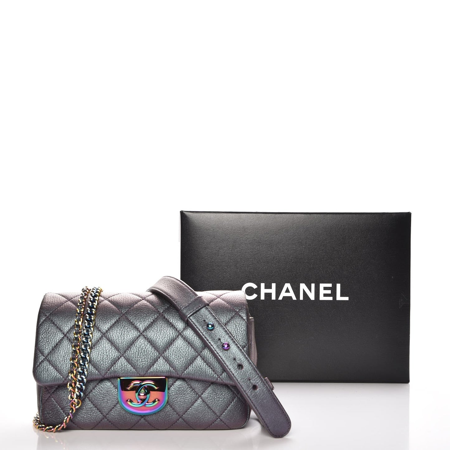 Iridescent Goatskin Quilted Small Double Carry Waist Chain Flap Purple