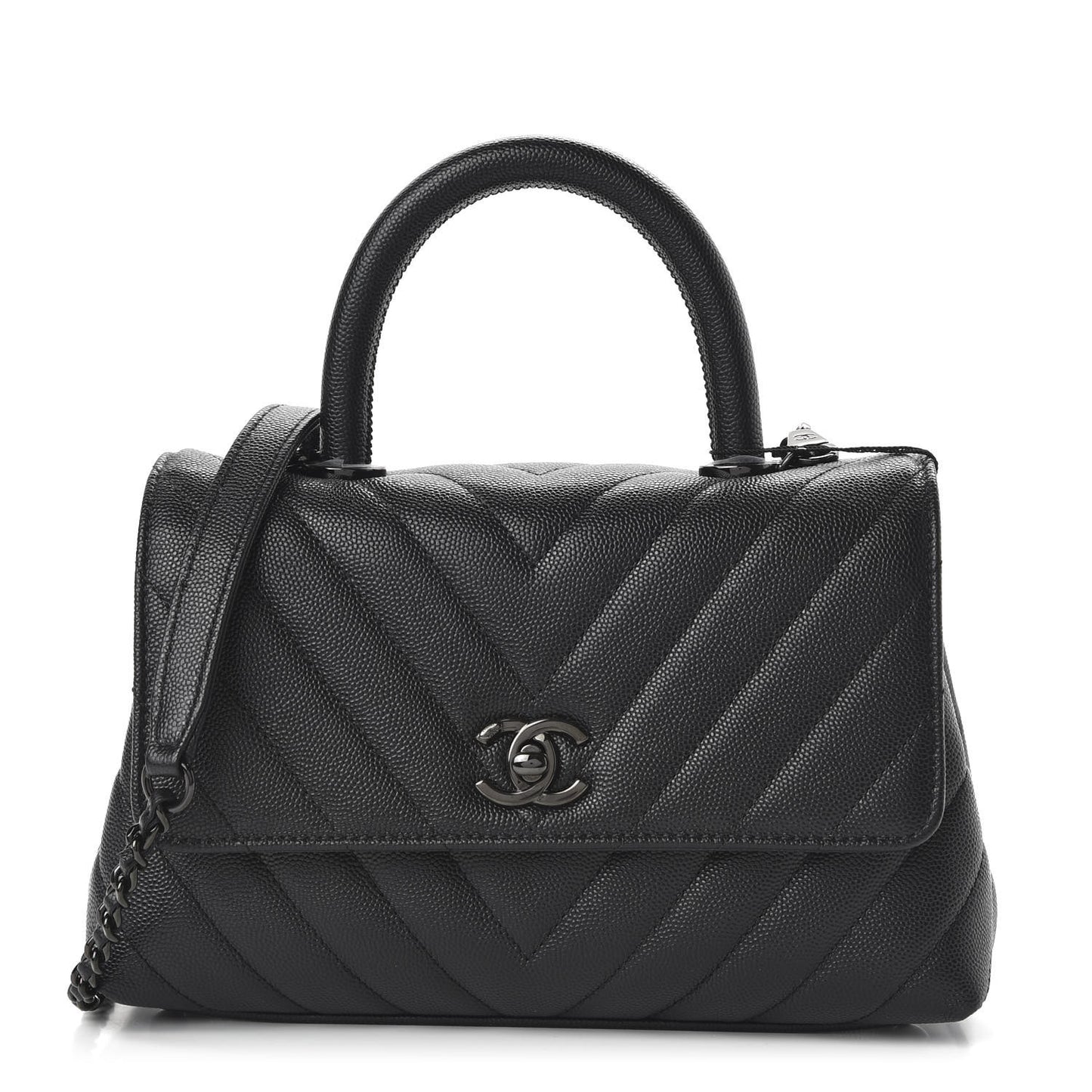 Caviar Chevron Quilted Mini Coco Handle Flap So Black