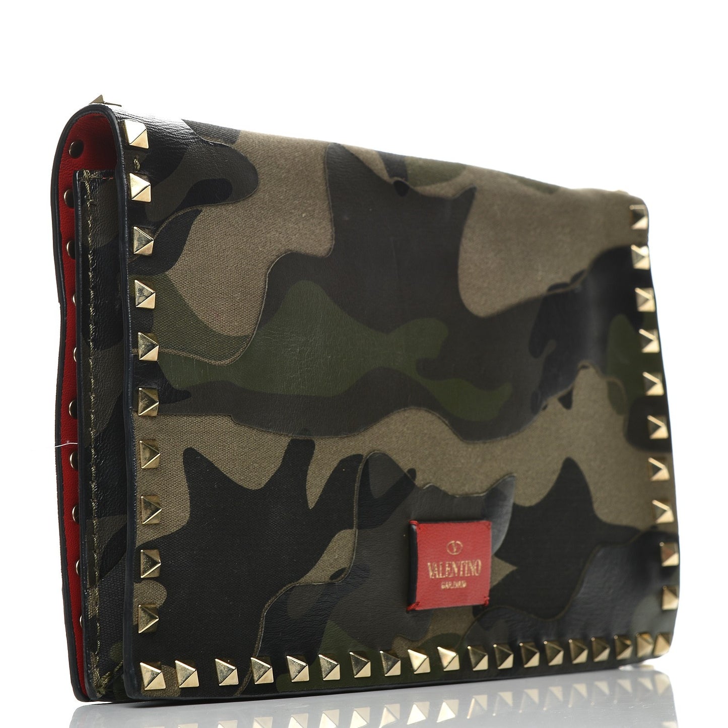 Nappa Canvas Camouflage Rockstud Wristlet Clutch Verde Rouge