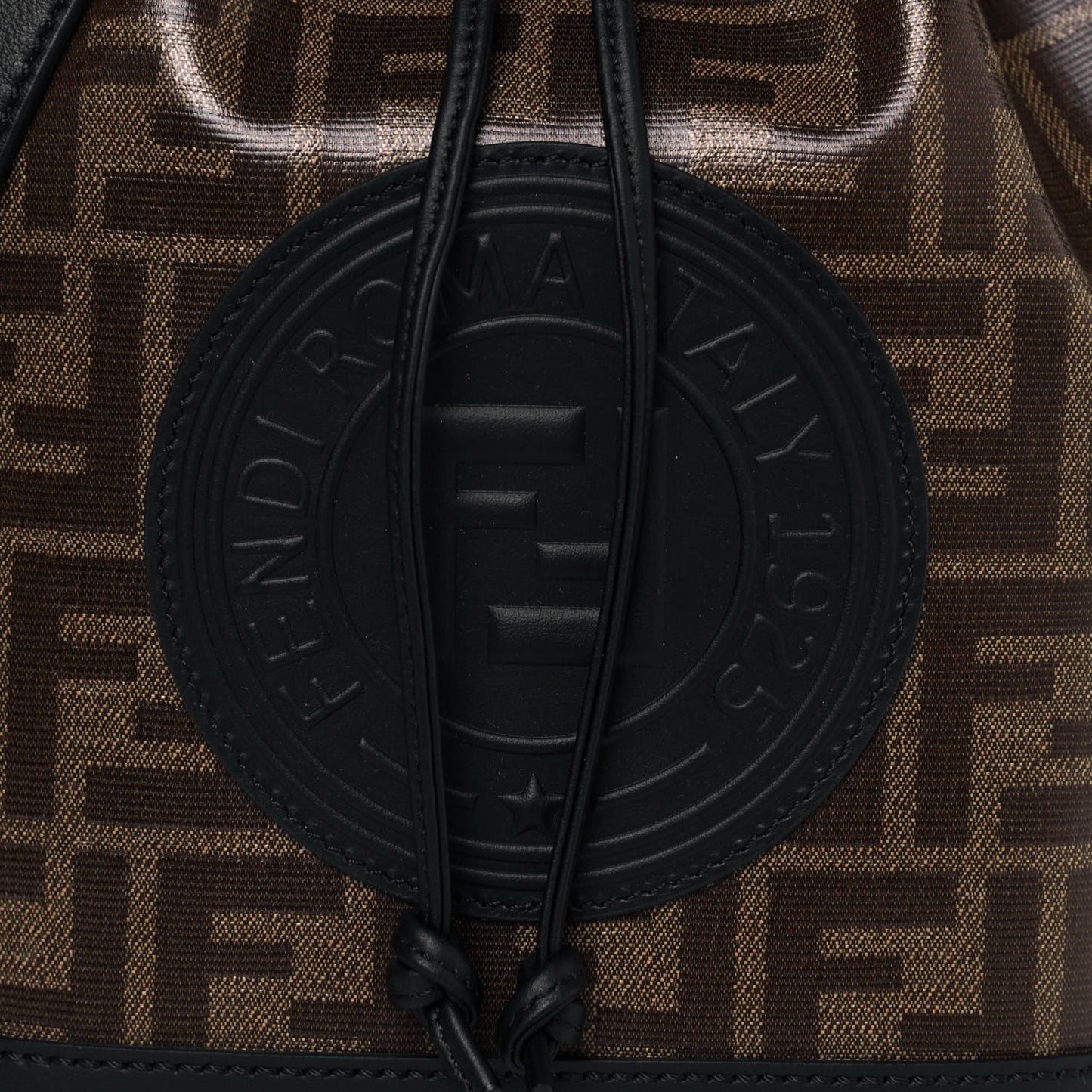 Glazed Fabric Vitello Grace F is Fendi FF 1974 Stamp Patch Grande Mon Tresor Bucket Bag Mogano Panna Black