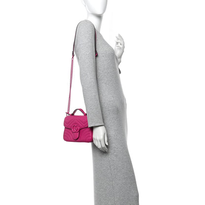 Gucci Calfskin Matelasse Monochrome Mini GG Marmont Top Handle Shoulder Bag Classic Fuxia 2 of 10