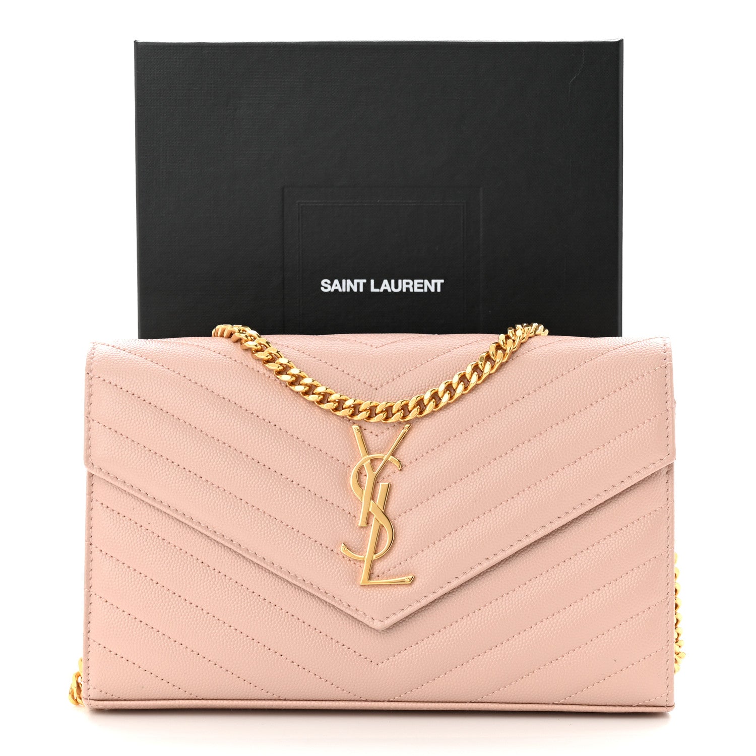 Saint Laurent Grain De Poudre Matelasse Chevron Cassandre Chain Wallet Pale Pink 11 of 11