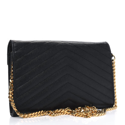 Saint Laurent Grain De Poudre Matelasse Chevron Medium Monogram Chain Wallet Black 2 of 7