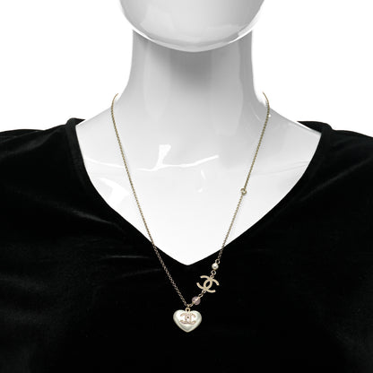 Chanel Resin Crystal CC Heart Necklace Pearly White Gold 2 of 5