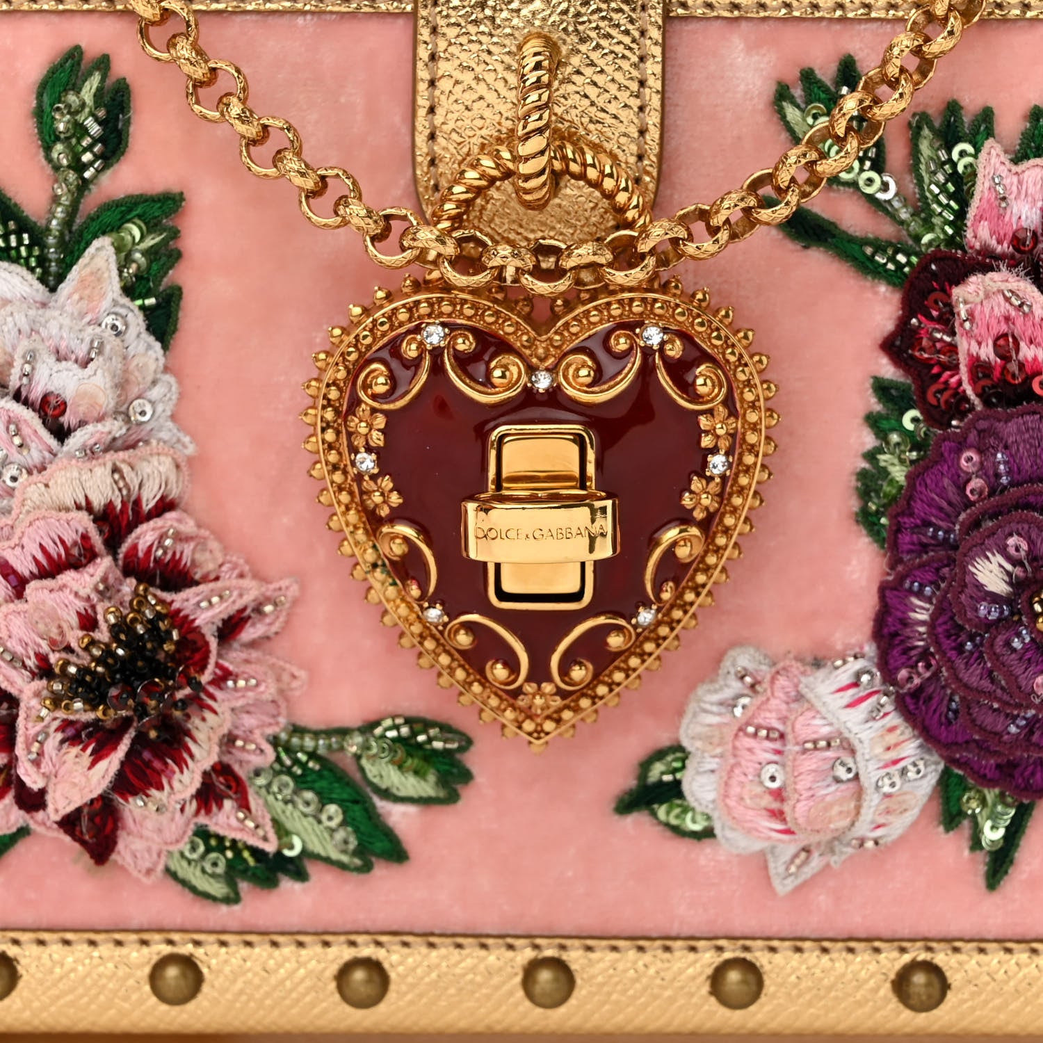 Dolce & Gabbana Velvet Floral Embroidered Devotion Crossbody Bag Pink Gold 9 of 11
