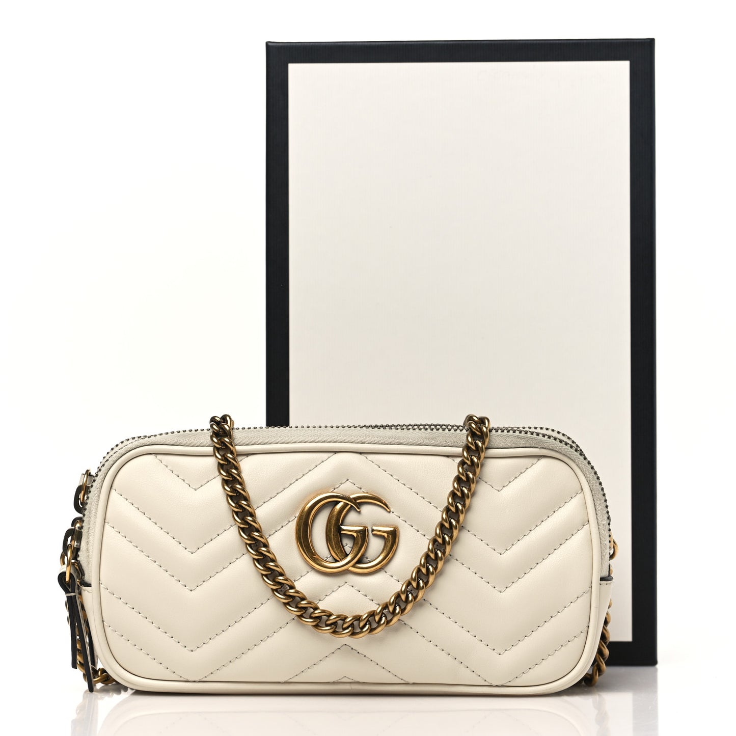 Calfskin Matelasse Mini GG Marmont Chain Crossbody Bag Mystic White