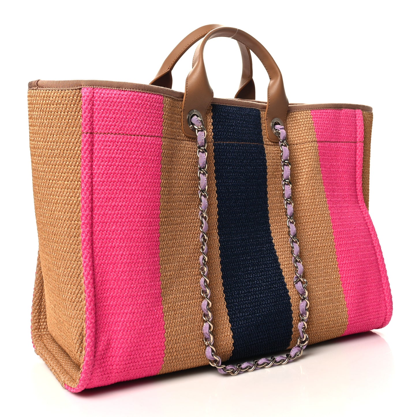 Straw Raffia Calfskin Striped Large Deauville Tote Dark Beige Fuchsia Navy Blue