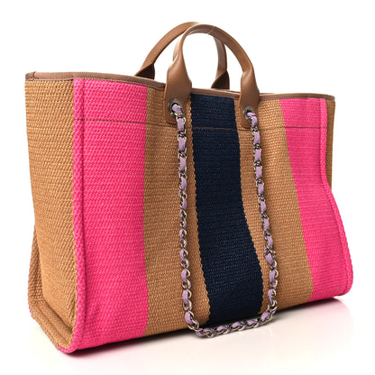 Chanel Straw Raffia Calfskin Striped Large Deauville Tote Dark Beige Fuchsia Navy Blue 3 of 10