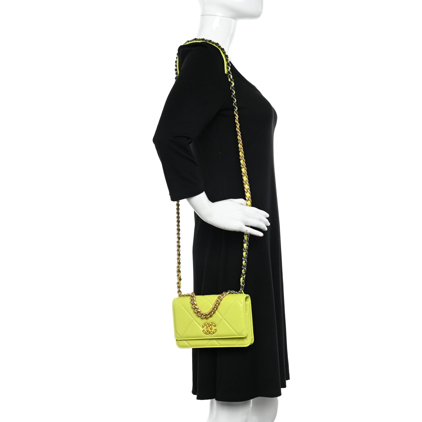 Shiny Lambskin Quilted Chanel 19 Wallet On Chain WOC Neon Yellow