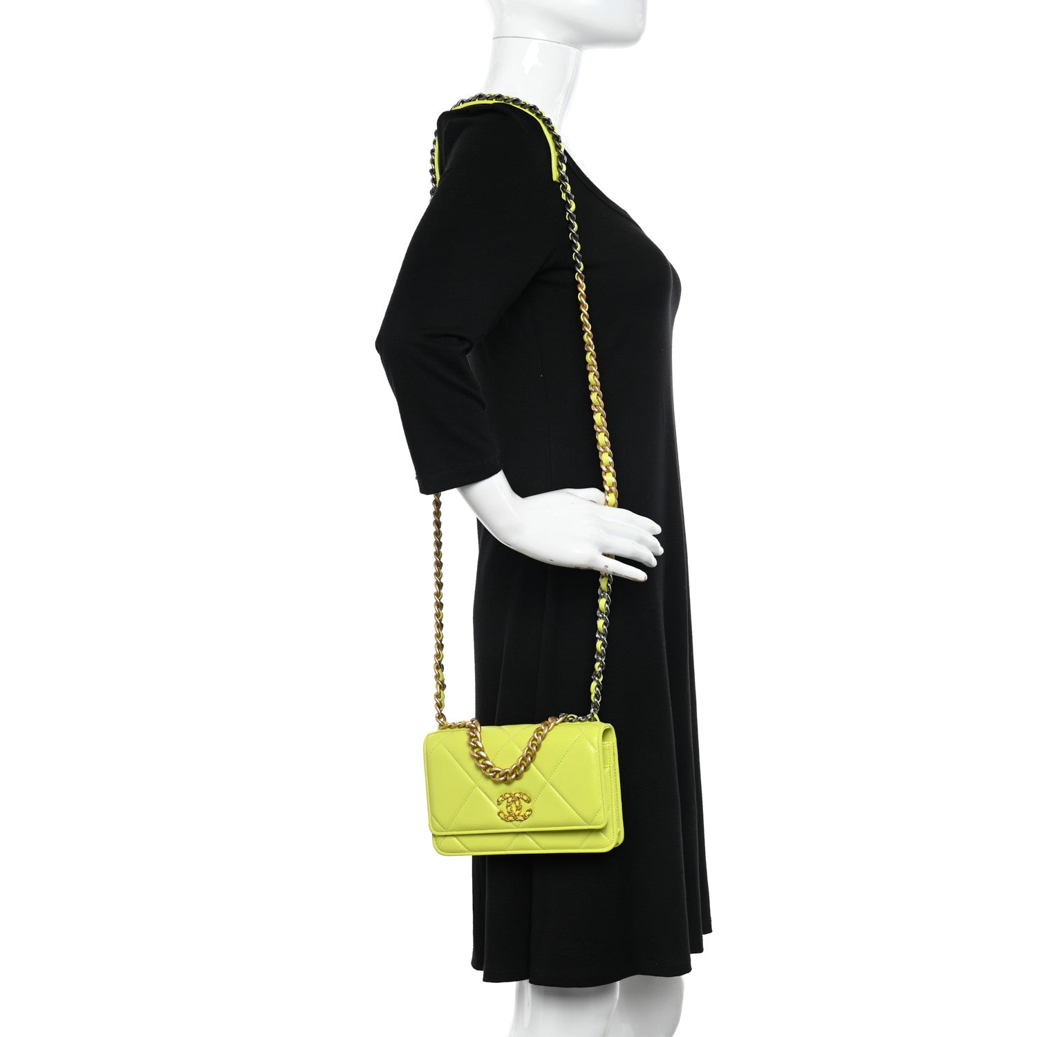 Chanel Shiny Lambskin Quilted Chanel 19 Wallet On Chain WOC Neon Yellow 2 of 13